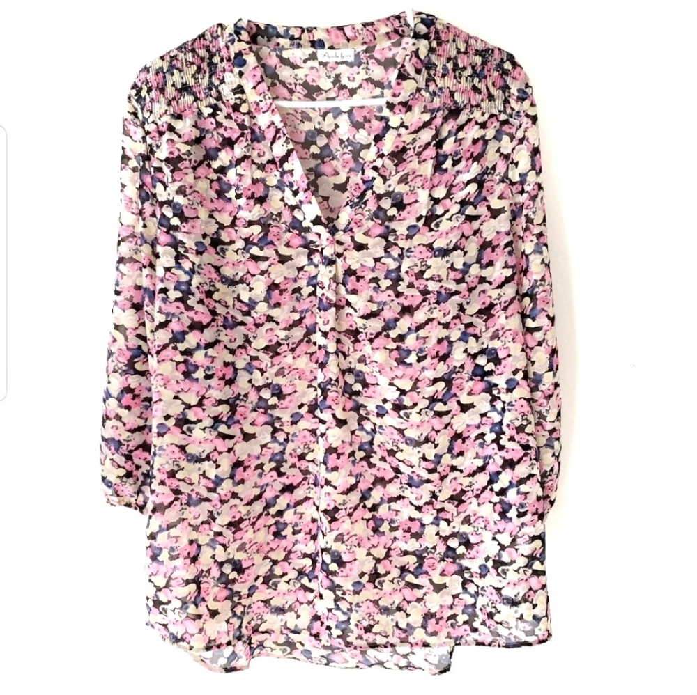 Antilia Femme High Low Sheer Pink Floral Blouse